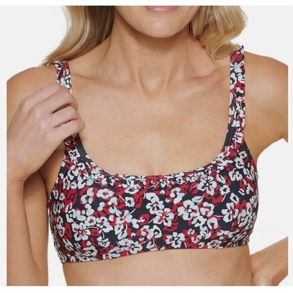 Tommy Hilfiger Bikini Top Hamilton Floral Ruffle Bralette Blue Red Large NWT - Picture 1 of 6